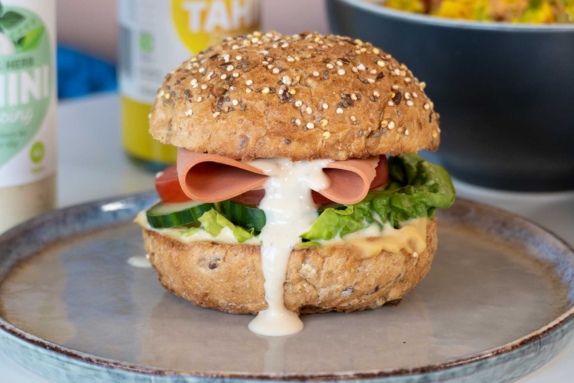 Sandwich with tahini mayo and vegan ham